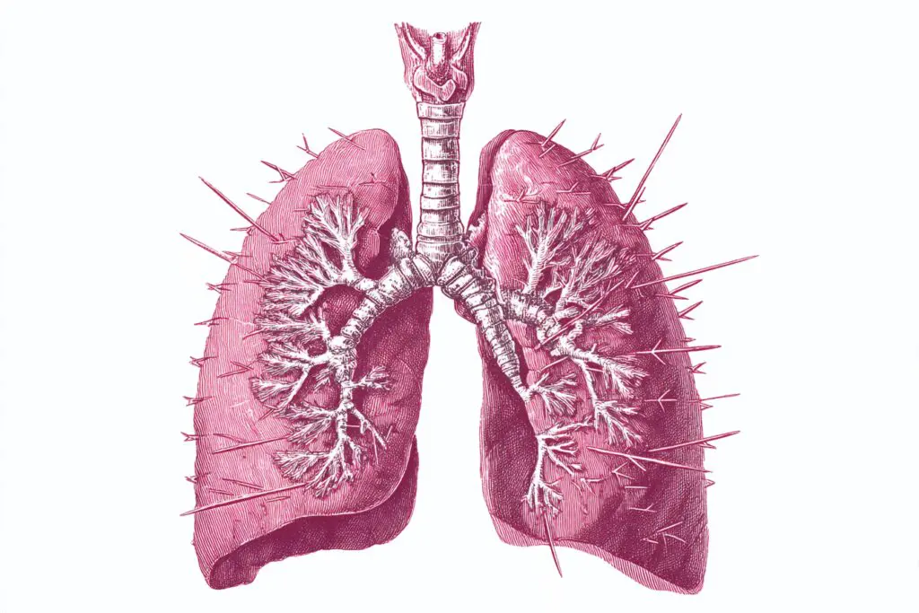 Diagram pljuč ki jih prebadajo trni v prsnem košu ponazarja kako boli rebrna mrena