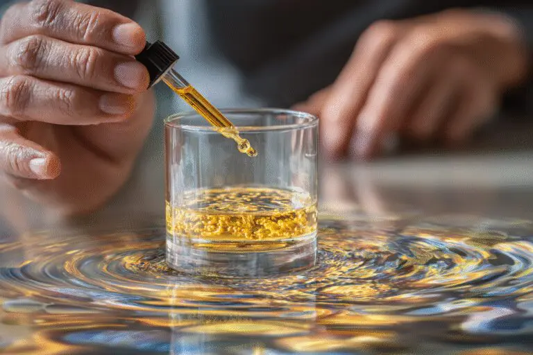 Kapalka ki dodaja zlate kapljice olja v kozarec vode kot vodnik za kako jemati olje divjega origana Kapalka ki dodaja zlate kapljice olja v kozarec vode kot vodnik za kako jemati olje divjega origana