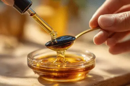 Kapljice propolisa se dodajajo na žlico medu kot vodnik za kako jemati propolis kapljice