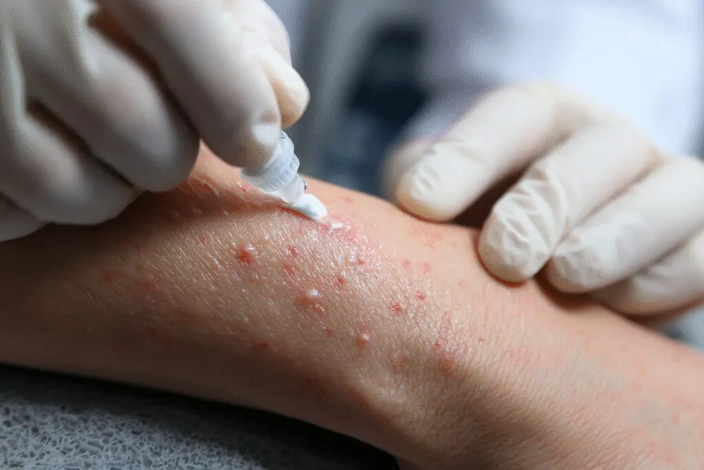 Klinični posnetek kože na katero zdravnik nanaša kremo ponazarja kako uničiti garje - Pa Kako: Popoln vodnik z odgovori na vse, kar potrebujete Klinični posnetek kože na katero zdravnik nanaša kremo ponazarja kako uničiti garje