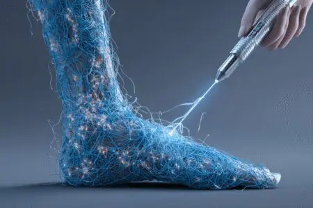 Lasersko pero ki ravna zapletene niti na nogi ponazarja kako odpraviti krčne žile