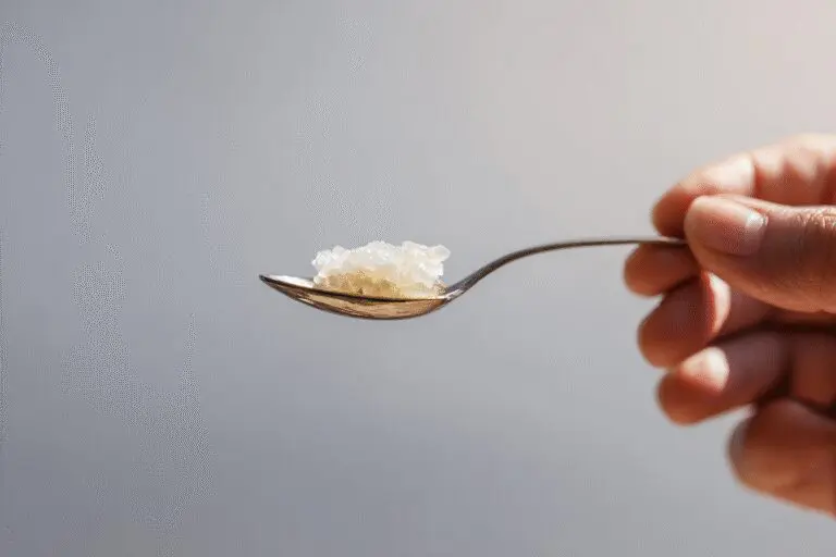 Majhna žlička z matičnim mlečkom v jutranji svetlobi kot vodnik za kako jemati matični mleček Majhna žlička z matičnim mlečkom v jutranji svetlobi kot vodnik za kako jemati matični mleček