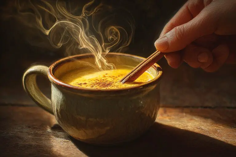 Mešanje skodelice toplega zlatega mleka kot vodnik za kako jemati kurkumo Mešanje skodelice toplega zlatega mleka kot vodnik za kako jemati kurkumo