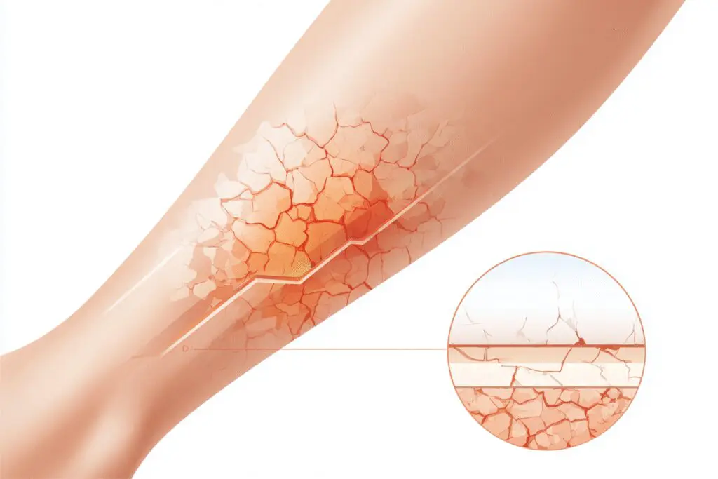 Prikaz suhe rdeče in vnete kože s poškodovano pregrado ki ponazarja kako izgleda atopijski dermatitis