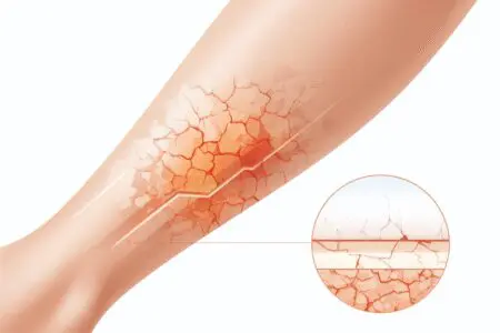 Prikaz suhe rdeče in vnete kože s poškodovano pregrado ki ponazarja kako izgleda atopijski dermatitis