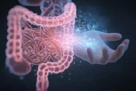 Roka ki masira vneto črevesje in ga pomirja ilustracija za kako pomiriti razdraženo črevesje