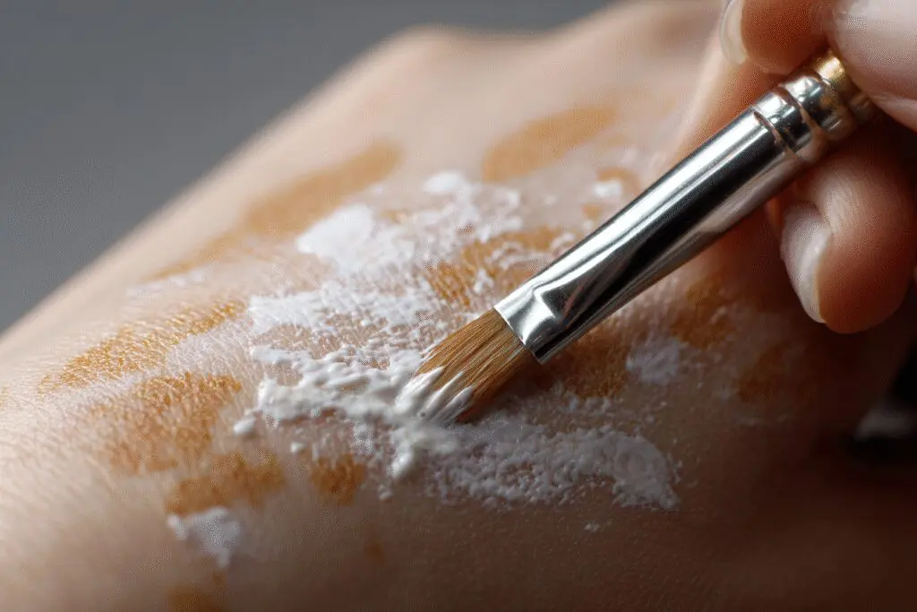Roka ki nanaša kremo na kožo katere pigment se postopoma vrača ponazarja kako ustaviti vitiligo