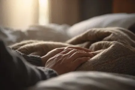 Skrbne roke ki pokrivajo osebo z odejo kot simbol udobja in lajšanja bolečin pri kostnih metastazah