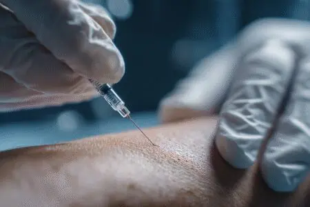 Zdravnik ki s tanko iglo opravlja punkcijo ciste ponazarja kako se znebiti gangliona
