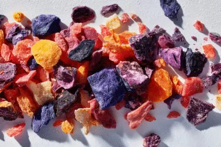 Razporejeno liofilizirano sadje na beli površini kot prikaz kako narediti liofilizirano sadje