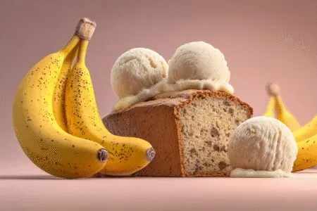 Zrele banane ob bananinem kruhu in sladoledu kar prikazuje kako uporabiti banane