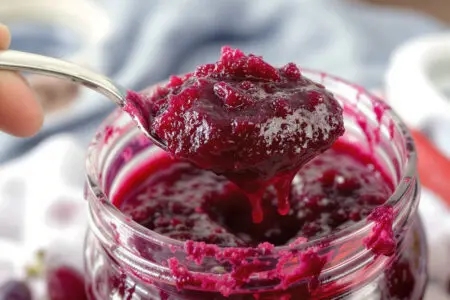 gosta grozdna marmelada na žlici ki prikazuje kako zgostiti marmelado iz grozdja