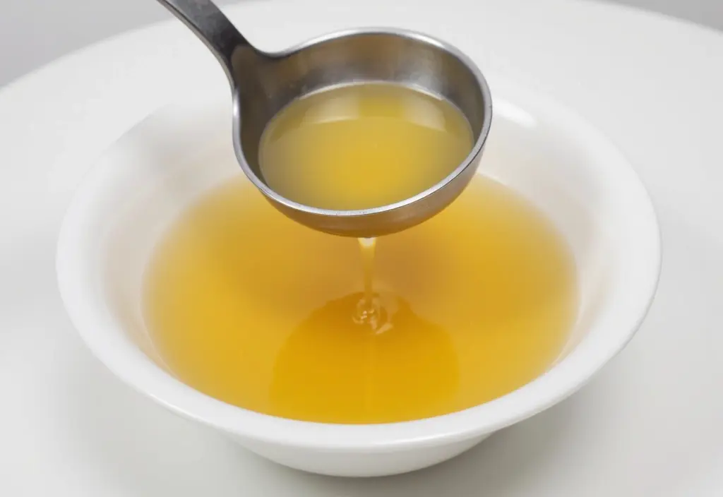 kristalno čista juha consommé ki se vlije v skodelico kar prikazuje uspešen postopek kako zbistriti juho