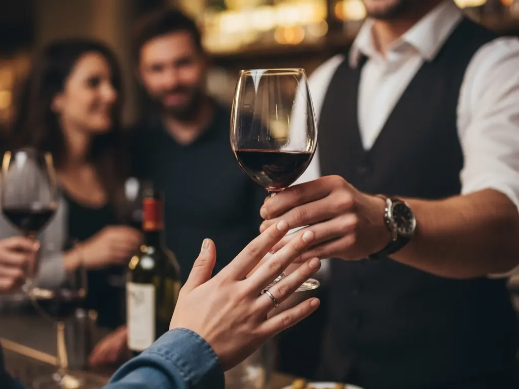 oseba ki v gostinskem lokalu vljudno zavrne ponujen kozarec alkohola kar ponazarja odločitev za abstinenco