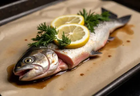 Kako Speči File Postrvi – Hrustljava Postrv V 15 Minutah popolno pečen file postrvi na pekaču okrašen z limono ki prikazuje kako speči file postrvi