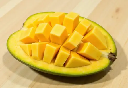 prikaz kako se je mango z metodo ježek ki omogoča enostavno uživanje sočnega sadja