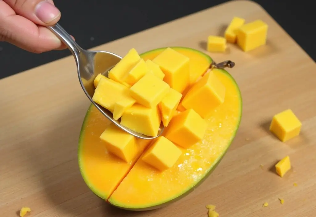 prikaz kako se je mango z metodo rezanja in izdolbenja mesa z žlico