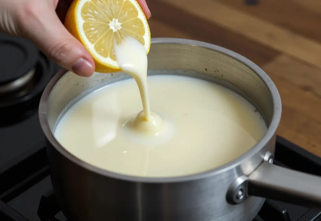 prikaz kako se mleko s pomočjo limone sesiri kar ponazarja ključni korak kako narediti skuto