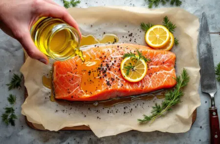 Kako Začiniti Lososa – Popolne Začimbe Za Sočnega Lososa prikaz kako začiniti lososa s svežimi zelišči limono in poprom pred peko