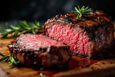 sočen na rezine narezan zrezek ki prikazuje kako speči steak do popolne rožnate sredice