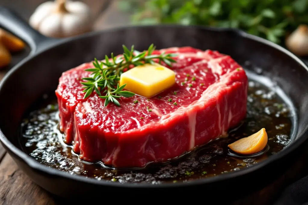 zrezek ki se peče v vroči ponvi z maslom in zelišči kar prikazuje ključen korak kako speči steak