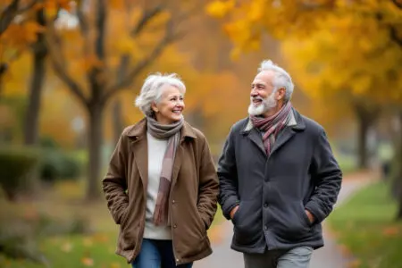 Kako Znižati Visok Pritisk – Sol Manj Gibanje Zdravila aktiven starejši par na sprehodu v naravi kar je primer kako znižati visok pritisk