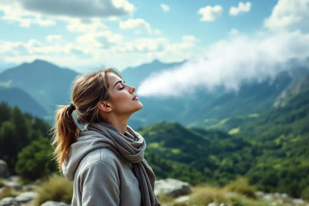 oseba ki globoko diha svež zrak v naravi kar simbolizira kako povečati kisik v krvi