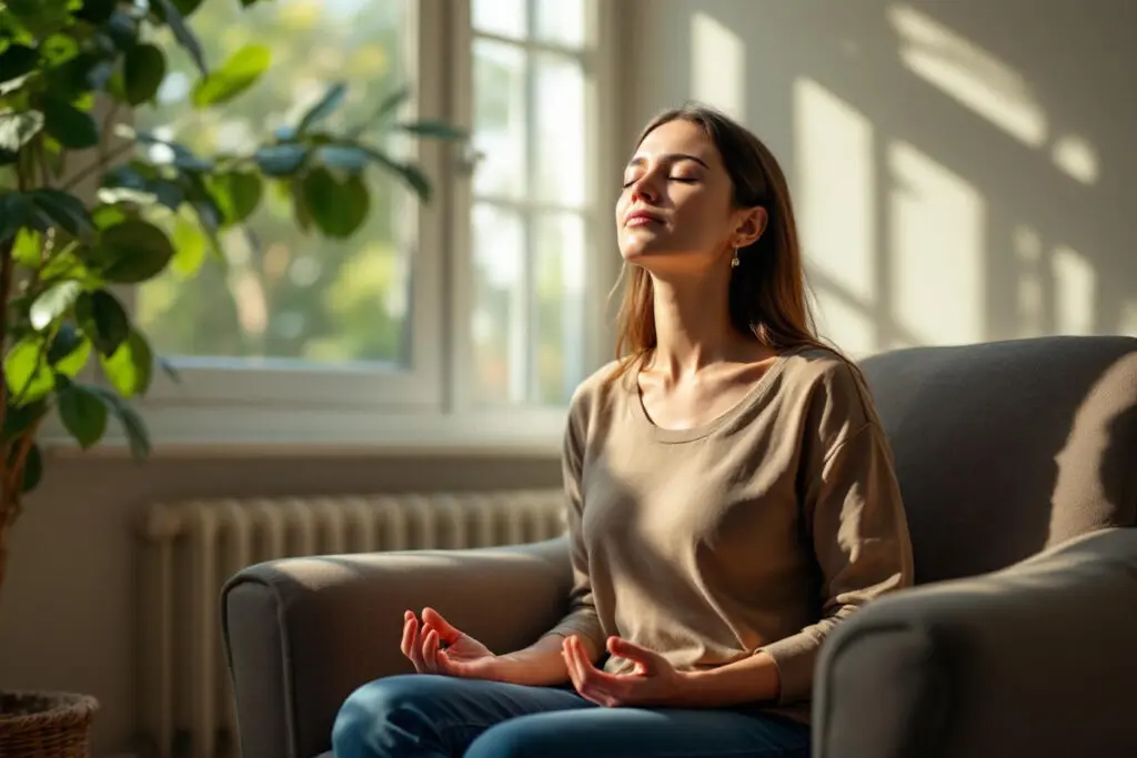 oseba ki mirno sedi in globoko diha za sprostitev kar ponazarja kako na hitro znižati pritisk oseba ki mirno sedi in globoko diha za sprostitev kar ponazarja kako na hitro znižati pritisk