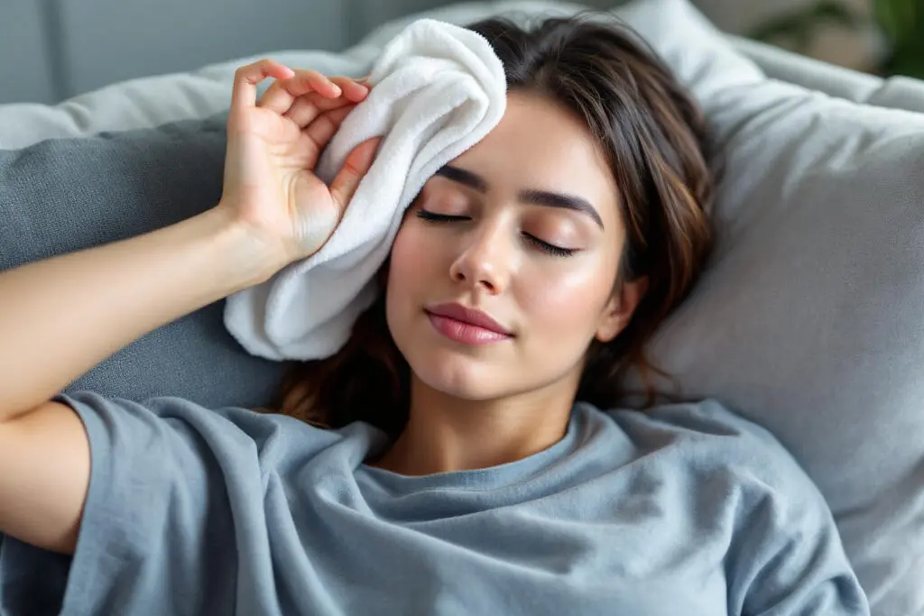 oseba ki si na čelo polaga hladen obkladek za olajšanje kar prikazuje kako zmanjšati pritisk v glavi