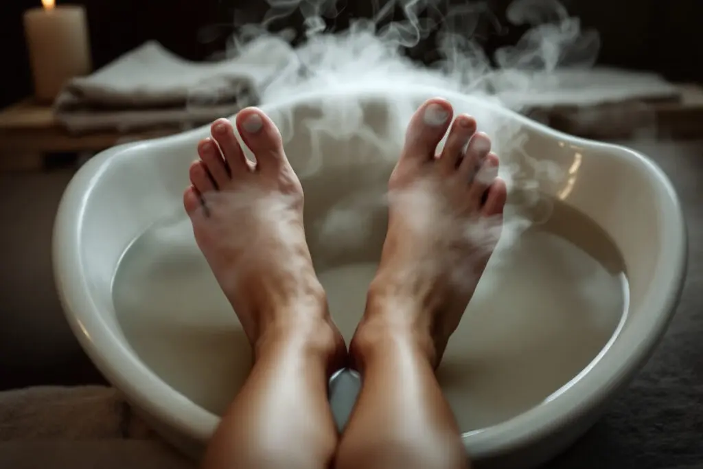 oseba ki si namaka noge v topli vodi za takojšnjo sprostitev kar prikazuje kako na hitro znižati pritisk oseba ki si namaka noge v topli vodi za takojšnjo sprostitev kar prikazuje kako na hitro znižati pritisk