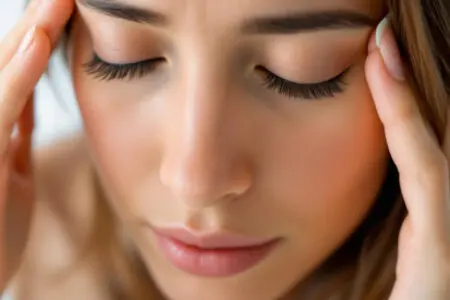 Kako Zmanjšati Pritisk v Glavi – Migrena Počitek Zdravila oseba ki si nežno masira sence za lajšanje napetosti kar prikazuje kako zmanjšati pritisk v glavi