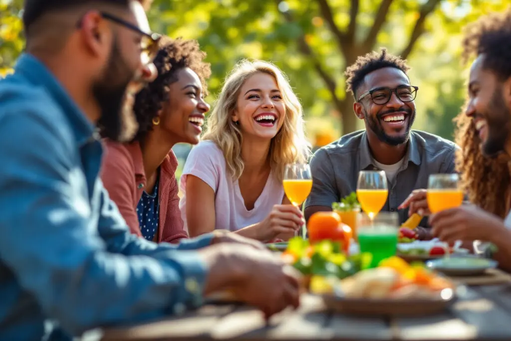 skupina prijateljev ki se smeje na soncu kar ponazarja dejavnosti za to kako dobiti serotonin skupina prijateljev ki se smeje na soncu kar ponazarja dejavnosti za to kako dobiti serotonin