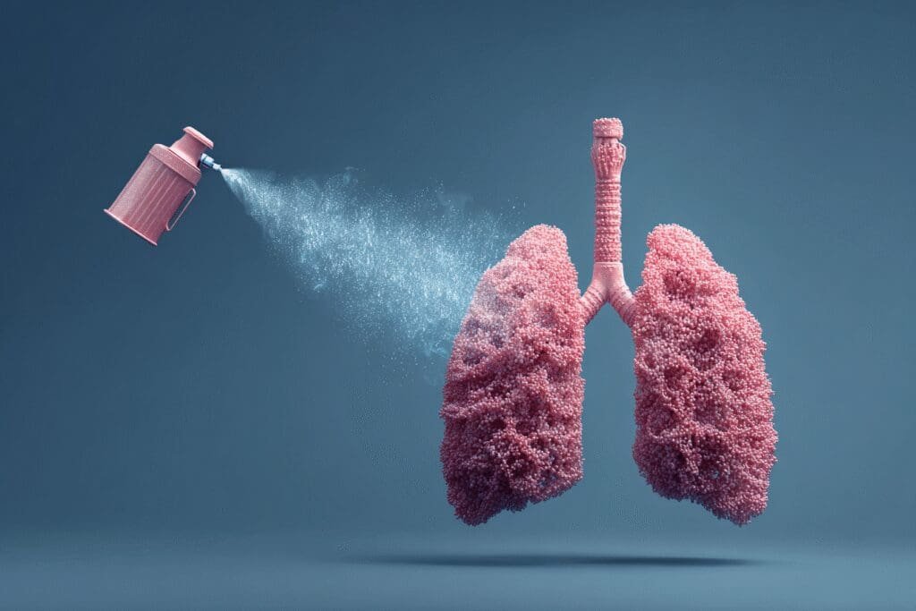 Vpih iz inhalatorja ki napihne prazna pljuča ponazarja odgovor na pogosta vprašanja o tem kako deluje Ventolin