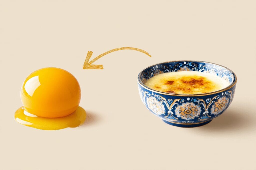 Rumenjak ki se spremeni v creme brulee ponazarja odgovor na pogosta vprašanja o tem kako porabiti rumenjake Rumenjak ki se spremeni v creme brulee ponazarja odgovor na pogosta vprašanja o tem kako porabiti rumenjake