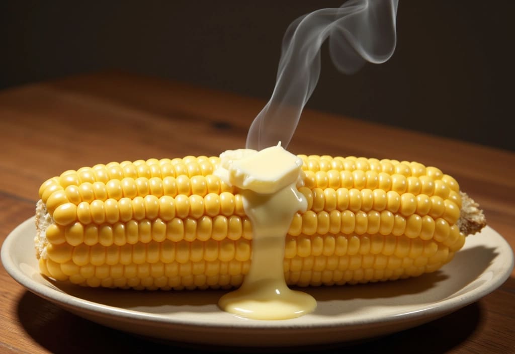 kuhan koruzni storž na katerem se topi maslo kot primer kako dolgo se kuha koruza za popoln okus