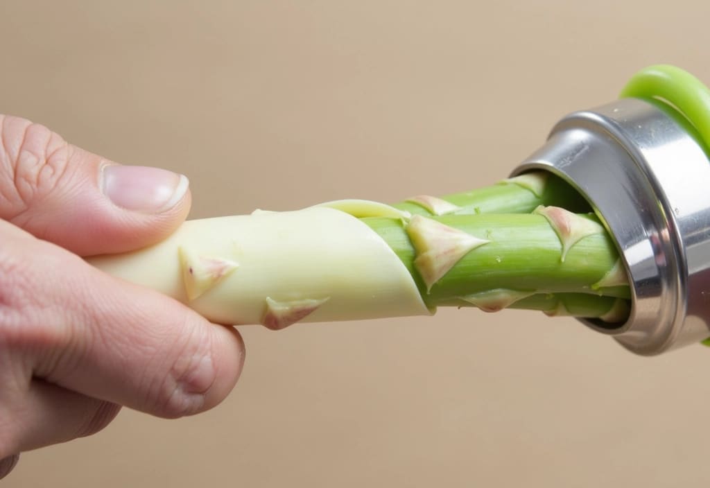 lupljenje belega šparglja z lupilcem kar je pomemben korak kako pripraviti šparglje