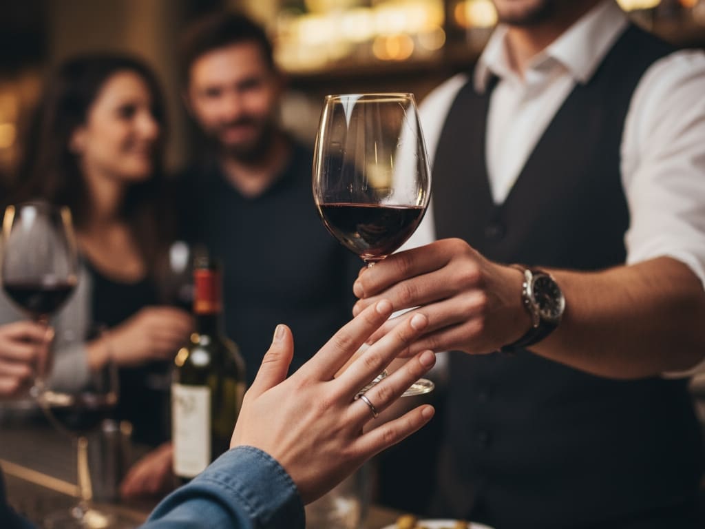 oseba ki v gostinskem lokalu vljudno zavrne ponujen kozarec alkohola kar ponazarja odločitev za abstinenco