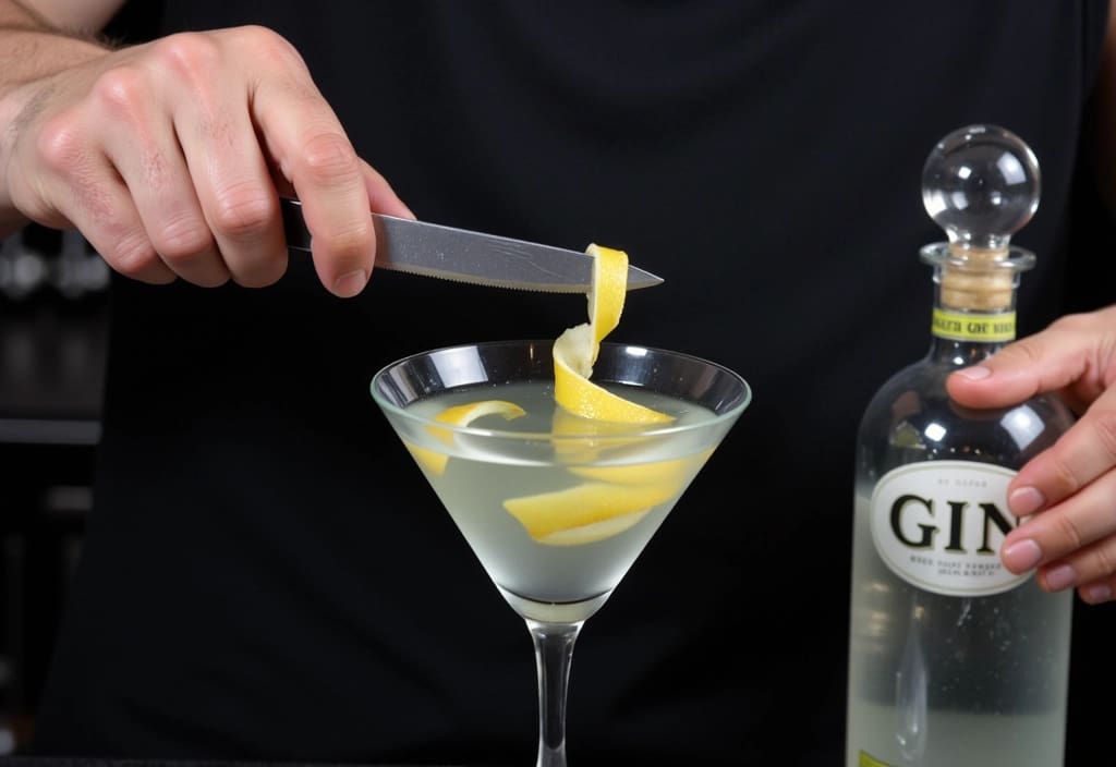 prikaz kako postrežemo martini okrašen z limonino lupinico za dodatno aromo