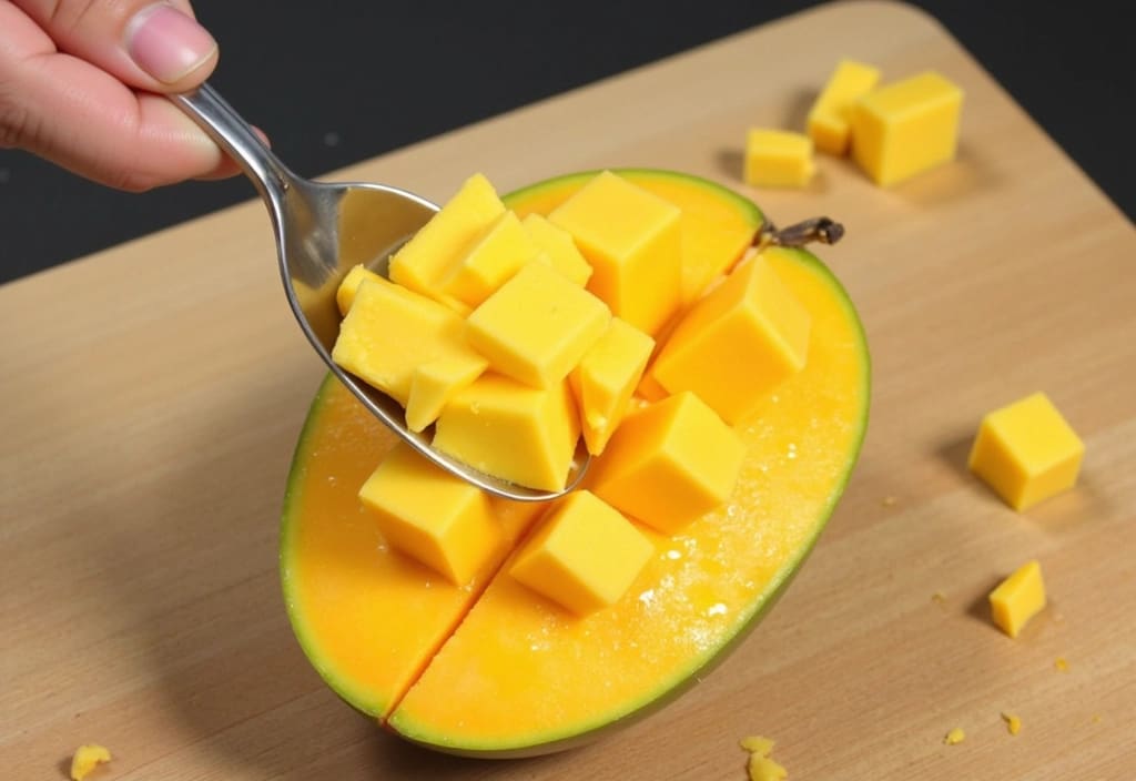 prikaz kako se je mango z metodo rezanja in izdolbenja mesa z žlico