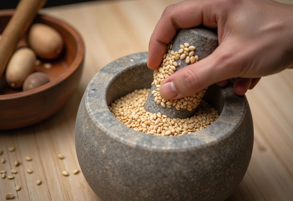 ročno drobljenje semen v možnarju kar prikazuje alternativni način kako zmleti laneno seme