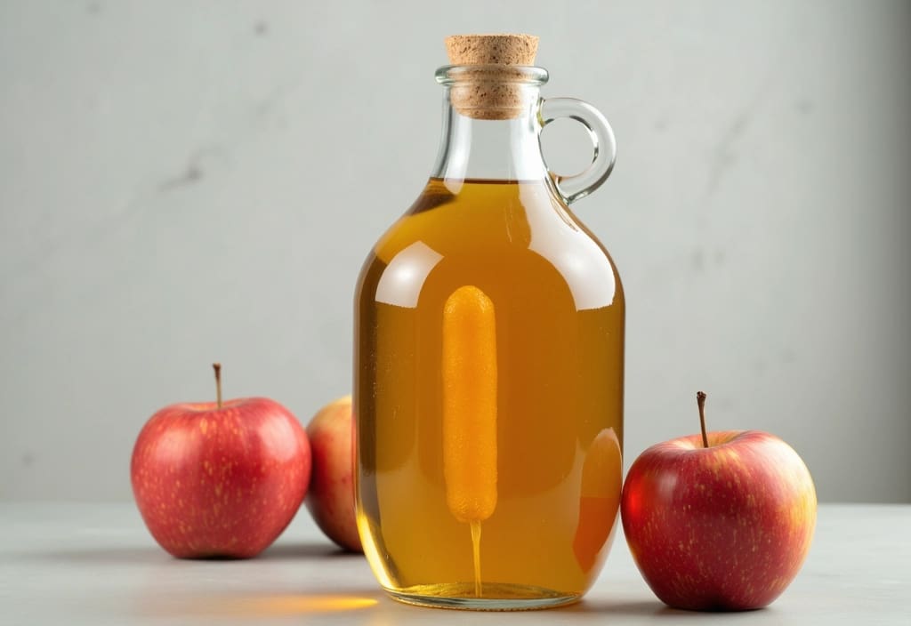 steklenica domačega jabolčnega kisa z matico ki prikazuje končni izdelek kako narediti jabolčni kis