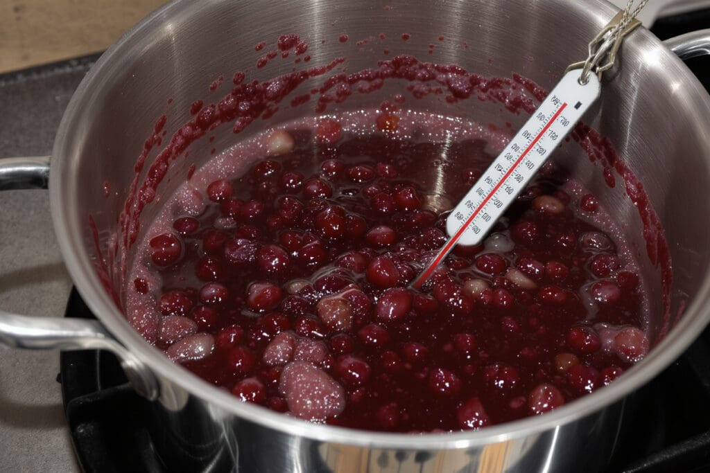 uporaba kuhinjskega termometra ki ponazarja tehniko kako zgostiti marmelado iz grozdja